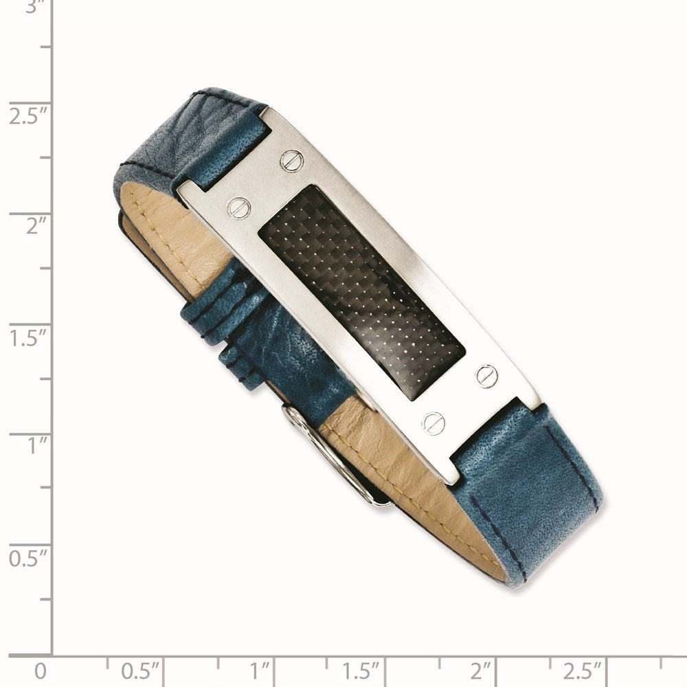 Stainless Steel Textured Blue Leather w/Carbon Fiber Inlay Buckle Bracelet