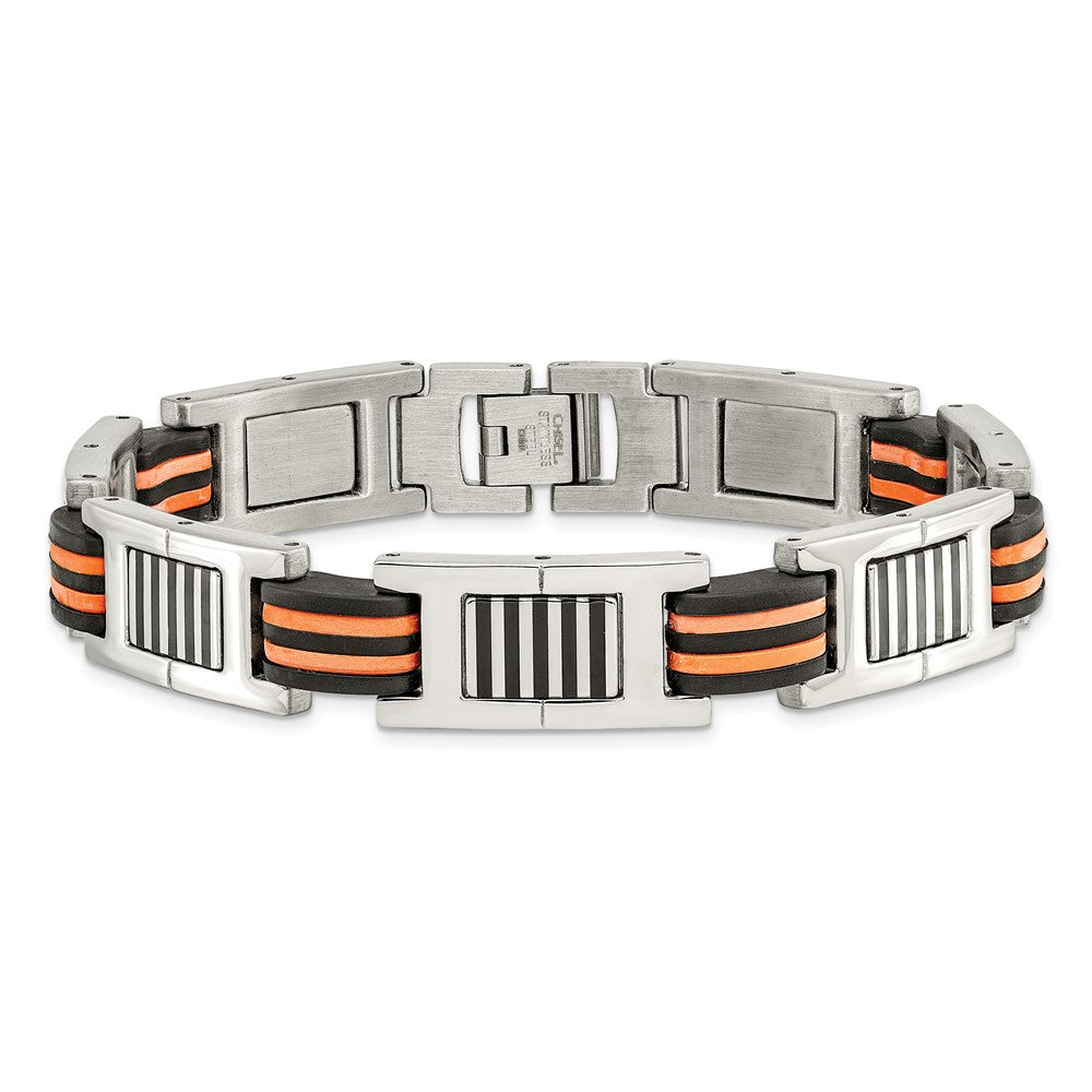 Chisel Stainless Steel Polished with Black and Orange Rubber 8.5 inch Link Bracelet