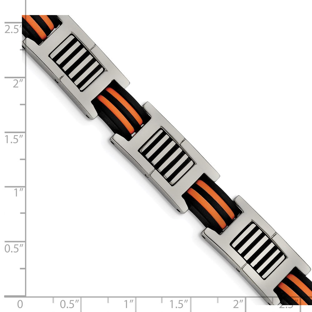 Chisel Stainless Steel Polished with Black and Orange Rubber 8.5 inch Link Bracelet