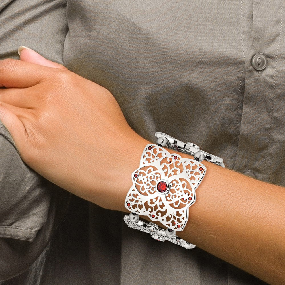 Stainless Steel Polished w/Red CZ Stretch Bracelet