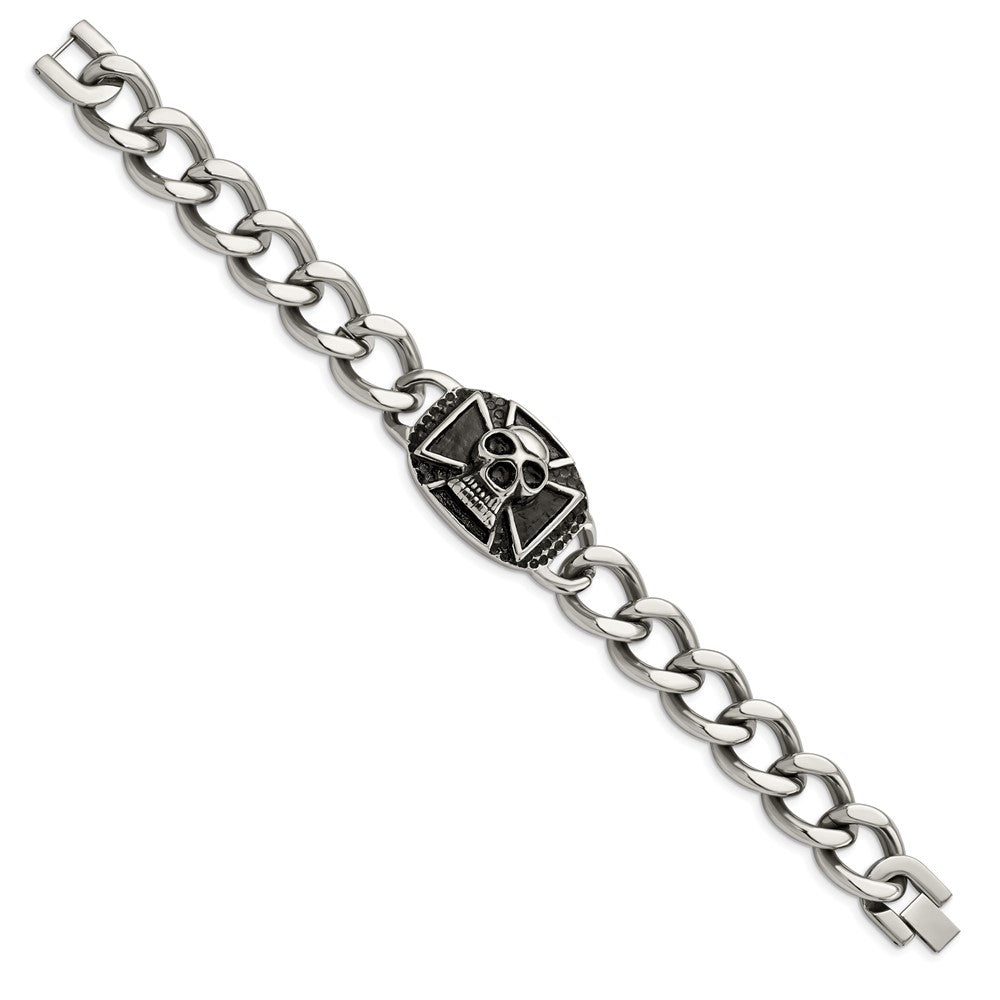 Chisel Stainless Steel Antiqued and Polished Skull 9 inch Curb Bracelet