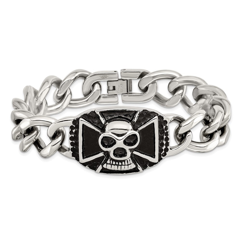 Chisel Stainless Steel Antiqued and Polished Skull 9 inch Curb Bracelet