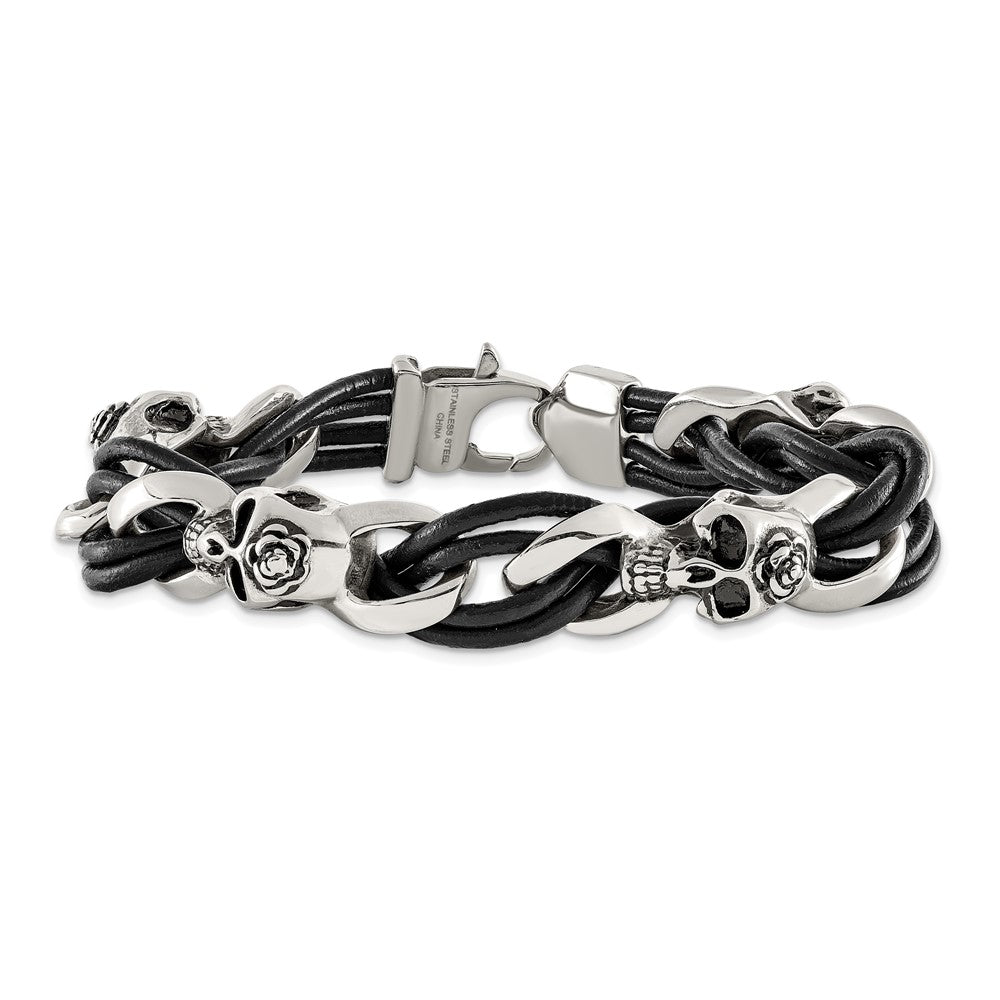 Chisel Stainless Steel Antiqued and Polished Skulls with Roses Black Leather 8 inch Bracelet