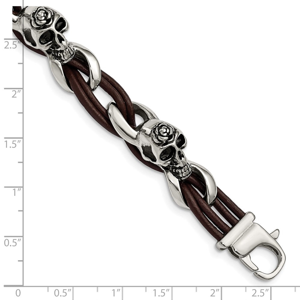 Chisel Stainless Steel Antiqued and Polished Skulls with Roses Brown Leather 8 inch Bracelet