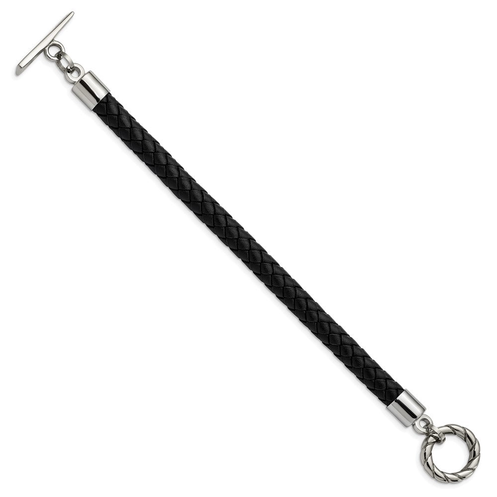 Chisel Stainless Steel Polished Black Braided Leather Toggle 8.5 inch Bracelet