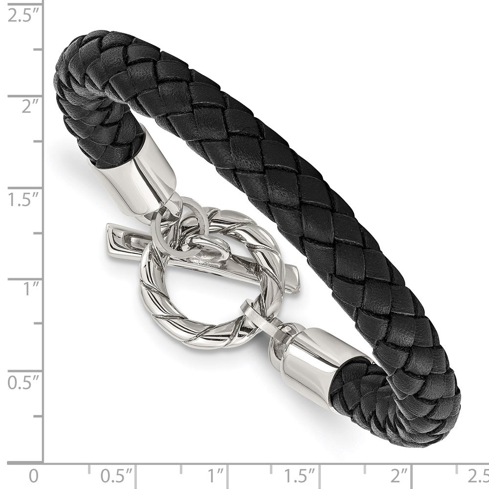 Chisel Stainless Steel Polished Black Braided Leather Toggle 8.5 inch Bracelet