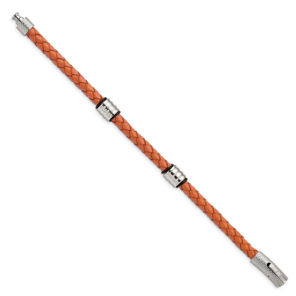 Chisel Stainless Steel Polished Orange Braided Leather and Black Rubber 8.25 inch Bracelet