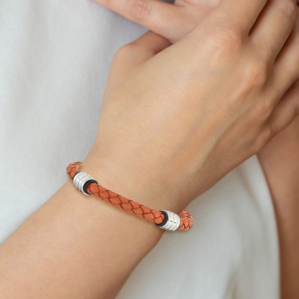 Chisel Stainless Steel Polished Orange Braided Leather and Black Rubber 8.25 inch Bracelet