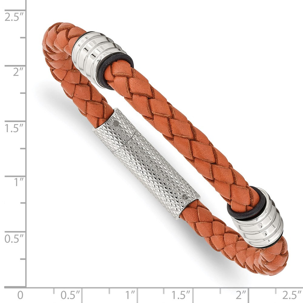 Chisel Stainless Steel Polished Orange Braided Leather and Black Rubber 8.25 inch Bracelet