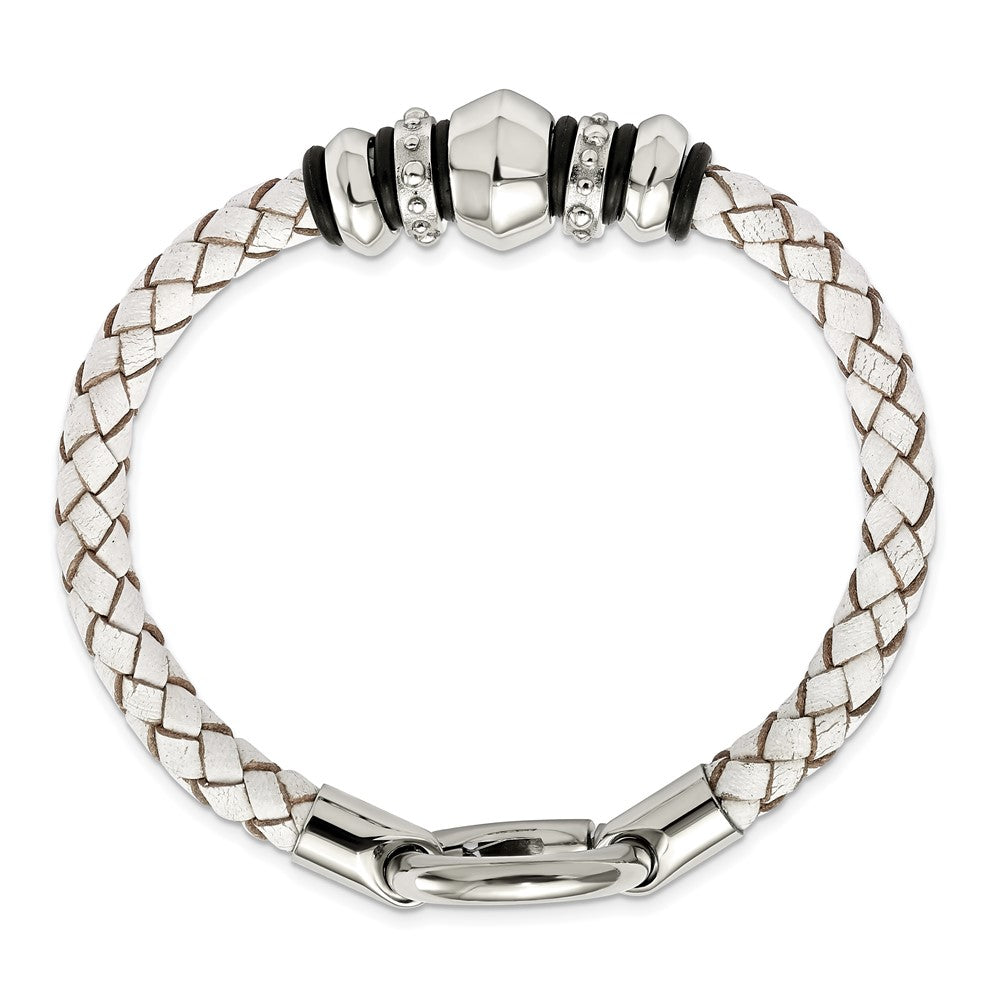 Stainless Steel Polished White Leather & Black Rubber 8.25in Bracelet