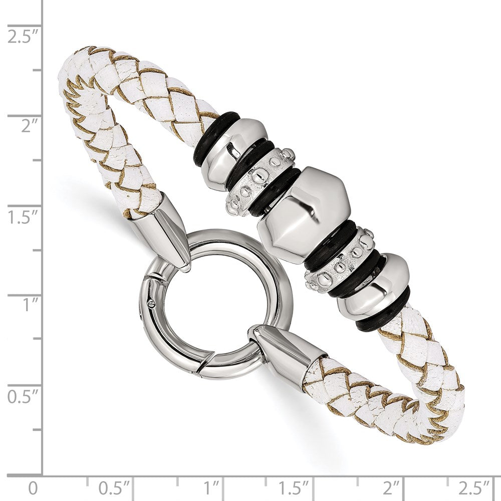 Stainless Steel Polished White Leather & Black Rubber 8.25in Bracelet