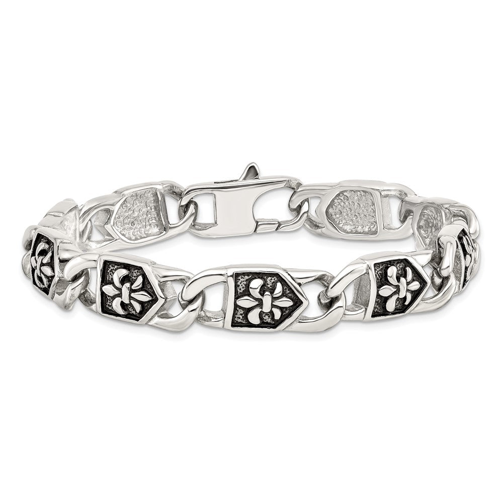 Chisel Stainless Steel Antiqued and Polished Fleur de Lis 8.75 inch Link Bracelet