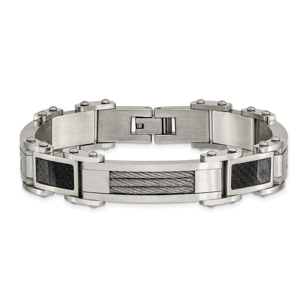 Chisel Stainless Steel Polished with Cable and Black Carbon Fiber Inlay 8.75 inch Link Bracelet