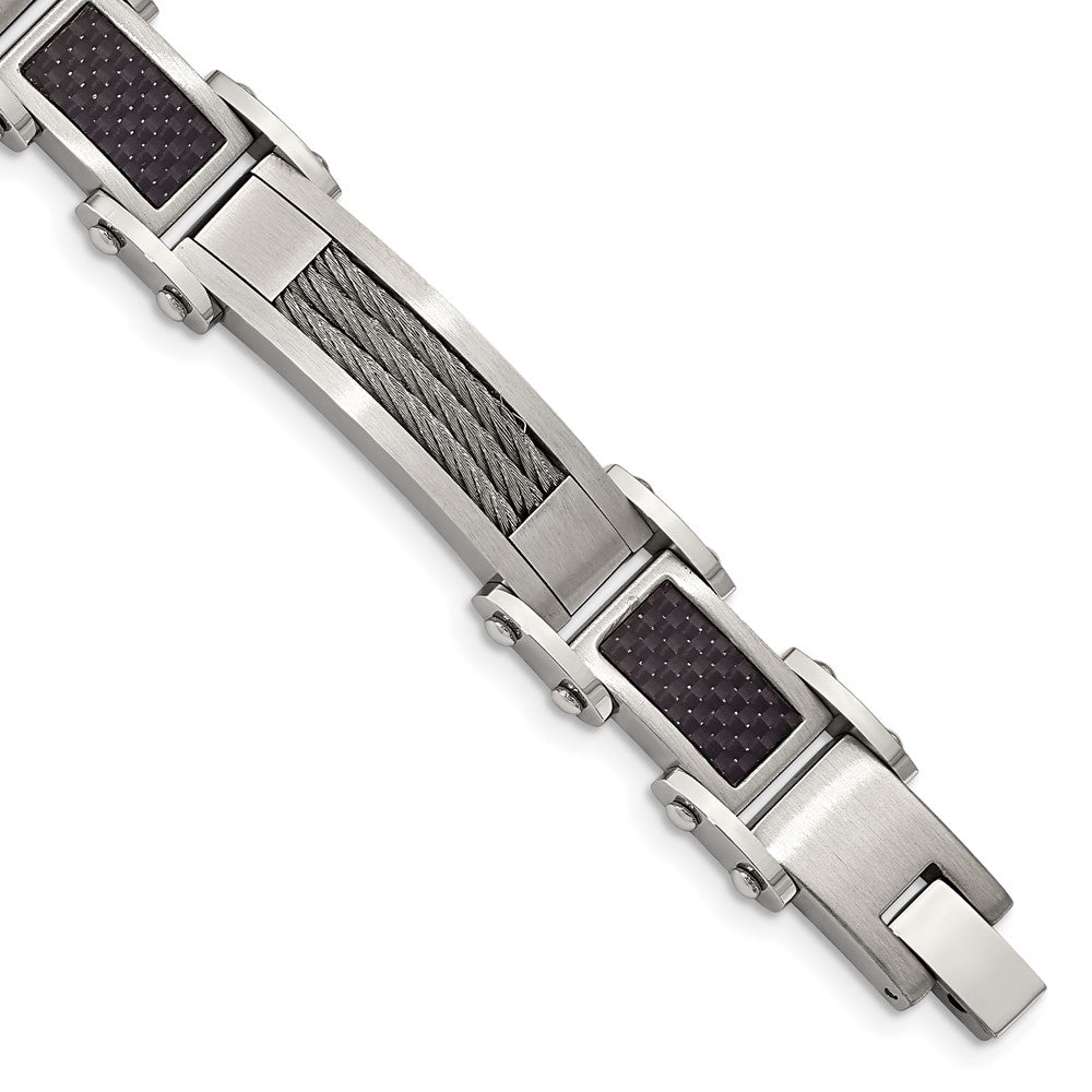 Chisel Stainless Steel Polished with Cable and Black Carbon Fiber Inlay 8.75 inch Link Bracelet