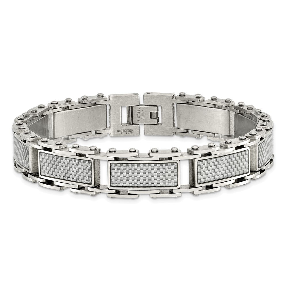 Chisel Stainless Steel Polished with Grey Carbon Fiber Inlay 8.5 inch Link Bracelet