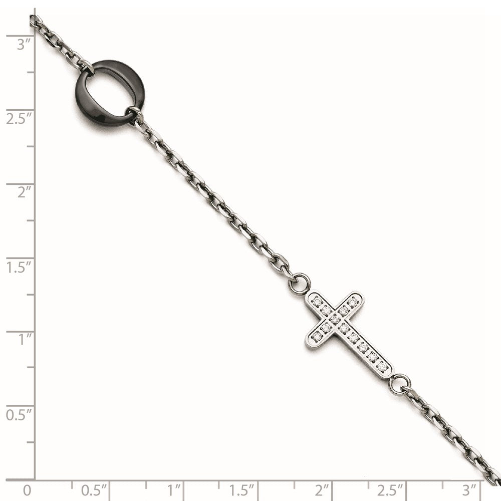 Stainless Steel and Ceramic Polished Sideways Cross CZ Bracelet