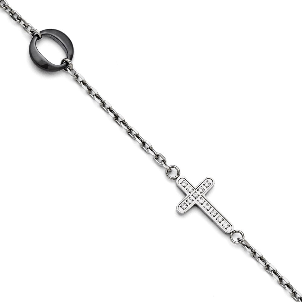 Stainless Steel and Ceramic Polished Sideways Cross CZ Bracelet