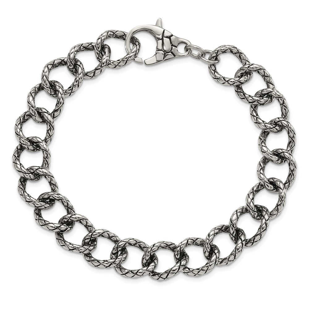 Stainless Steel Polished & Antiqued Textured Link Bracelet