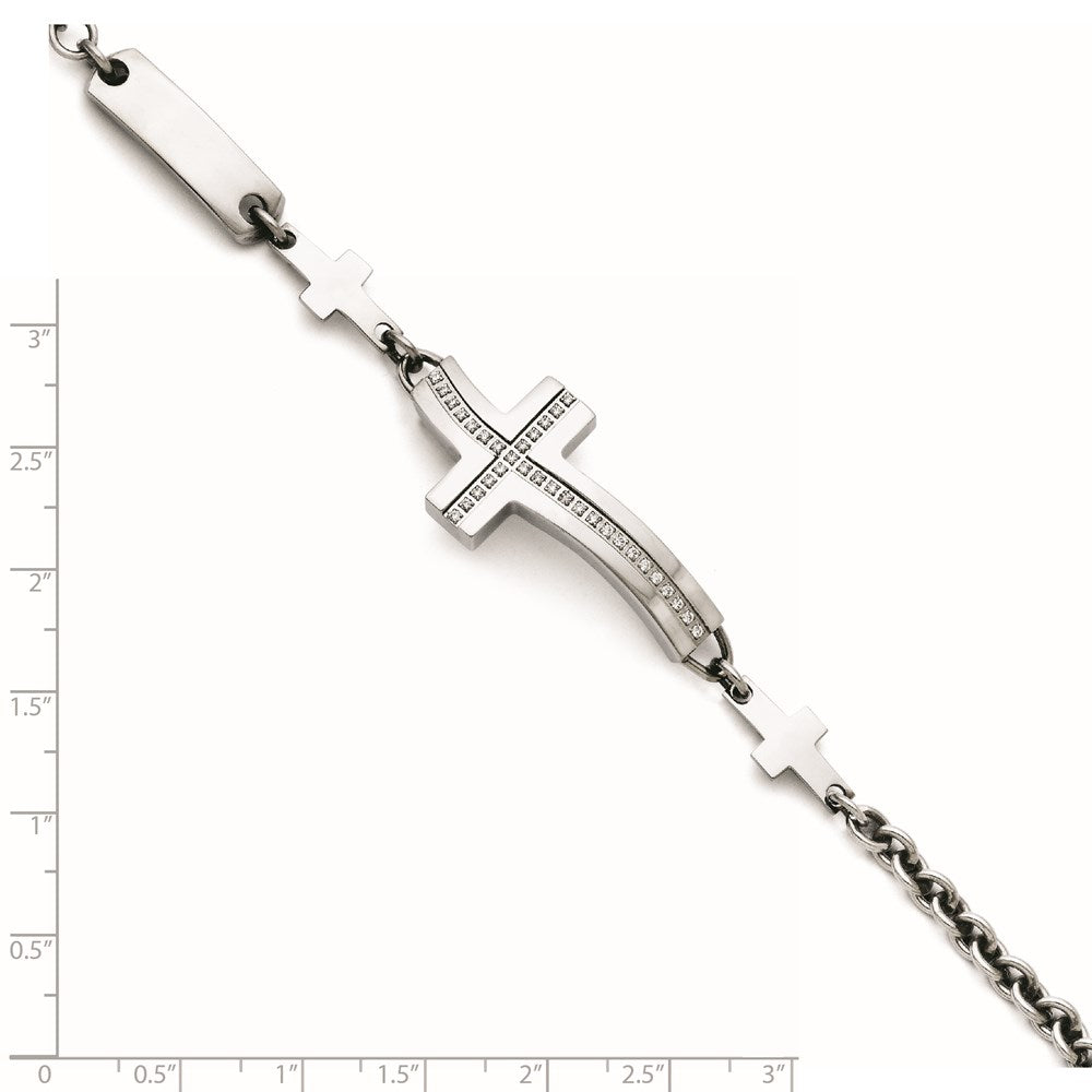 Stainless Steel Polished Wavy CZ Sideways Cross Bracelet