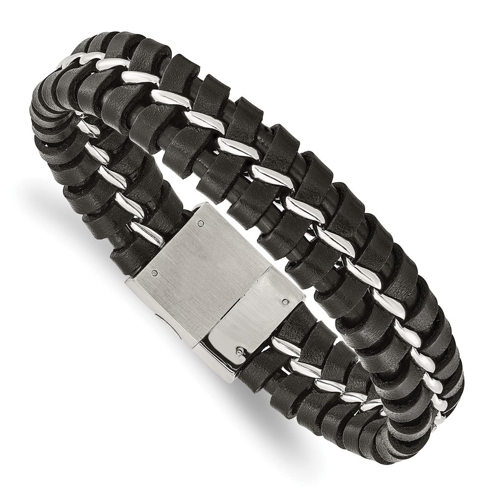 Chisel Stainless Steel Brushed and Polished Black Leather 9 inch Bracelet