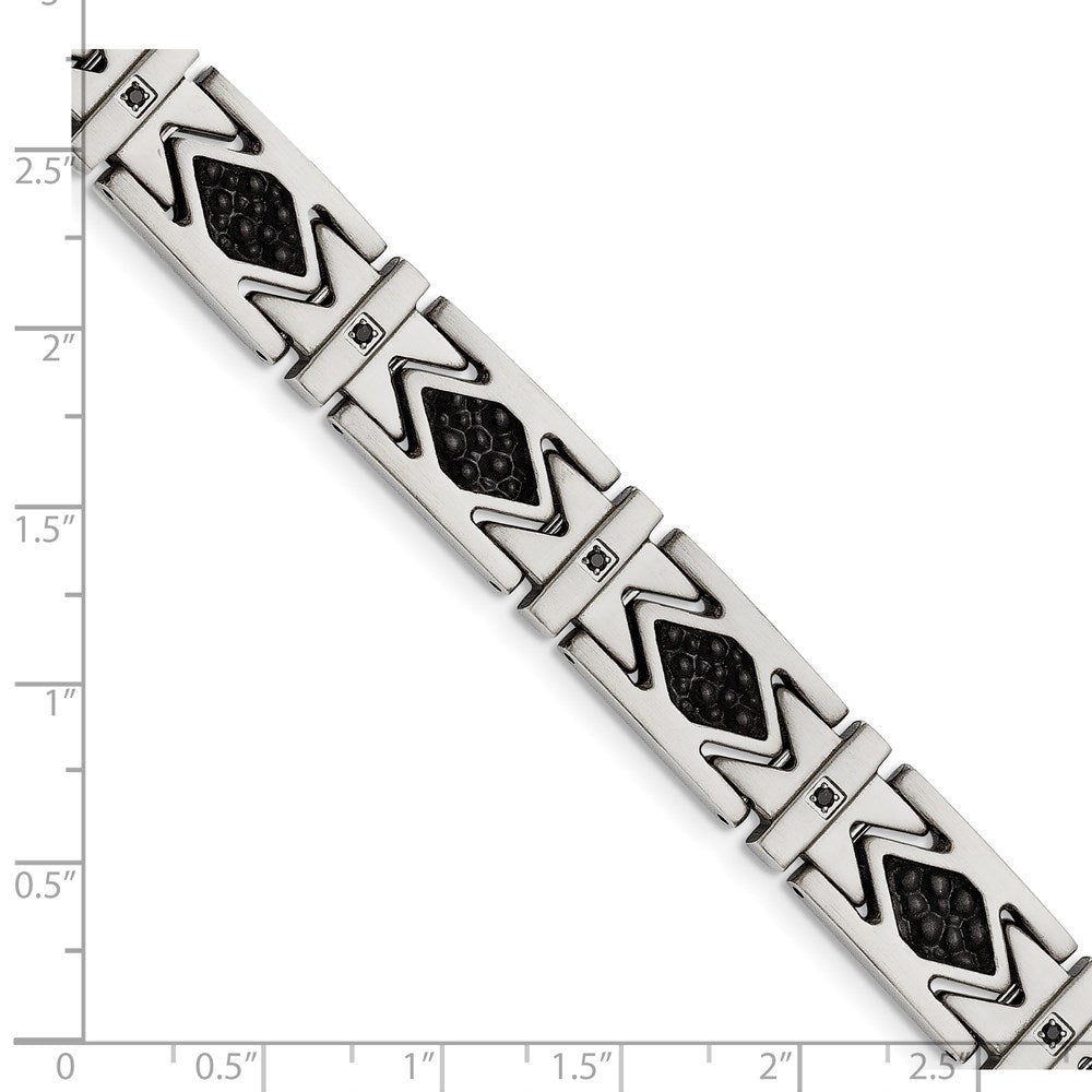 Chisel Stainless Steel Brushed with Stringray Textured Black Leather and Black CZ 8.5 inch Link Bracelet