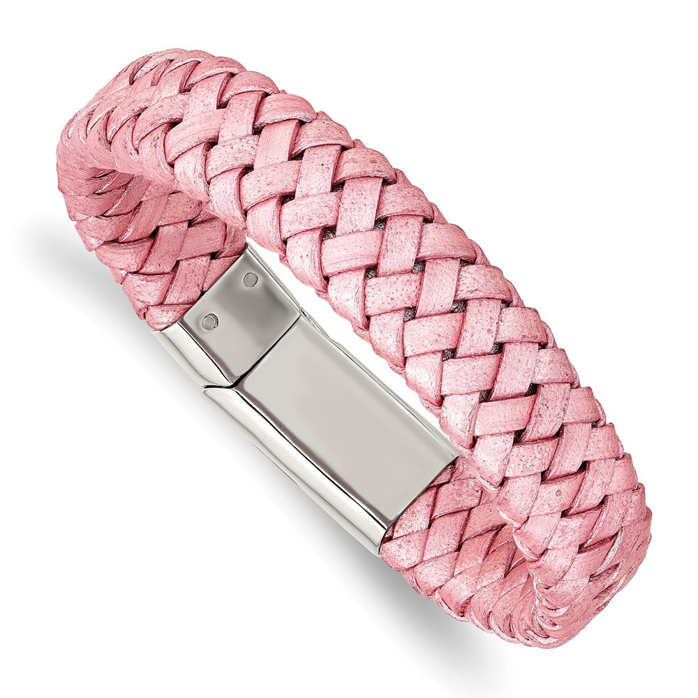 Chisel Stainless Steel Polished Metallic Pink Braided Leather 7.5 inch Bracelet