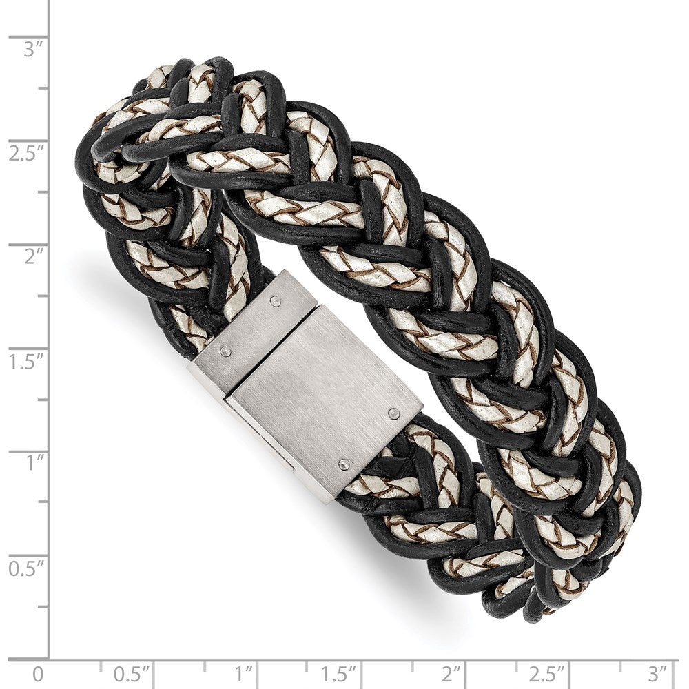 Stainless Steel Brushed Black and Cream Woven Leather 8.5in Bracelet