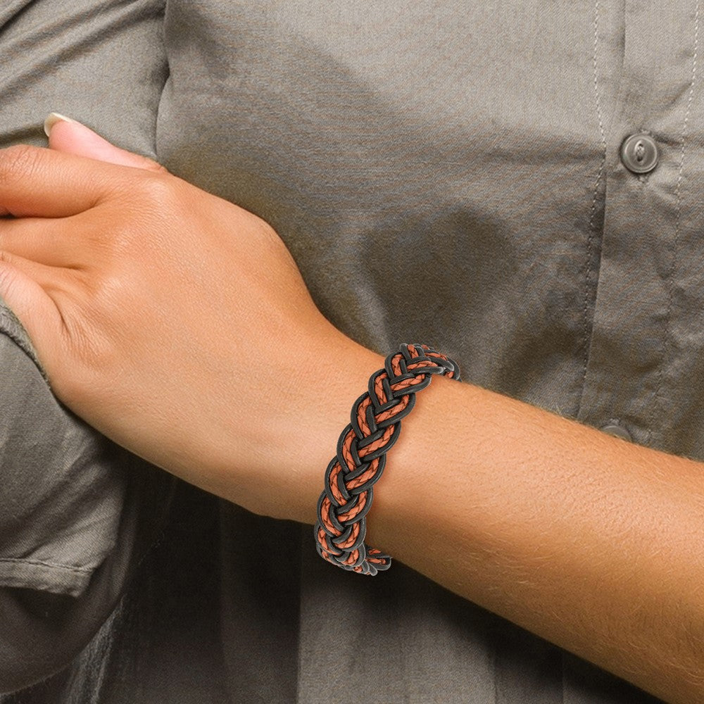 Stainless Steel Brushed Black and Orange Woven Leather 8.5in Bracelet