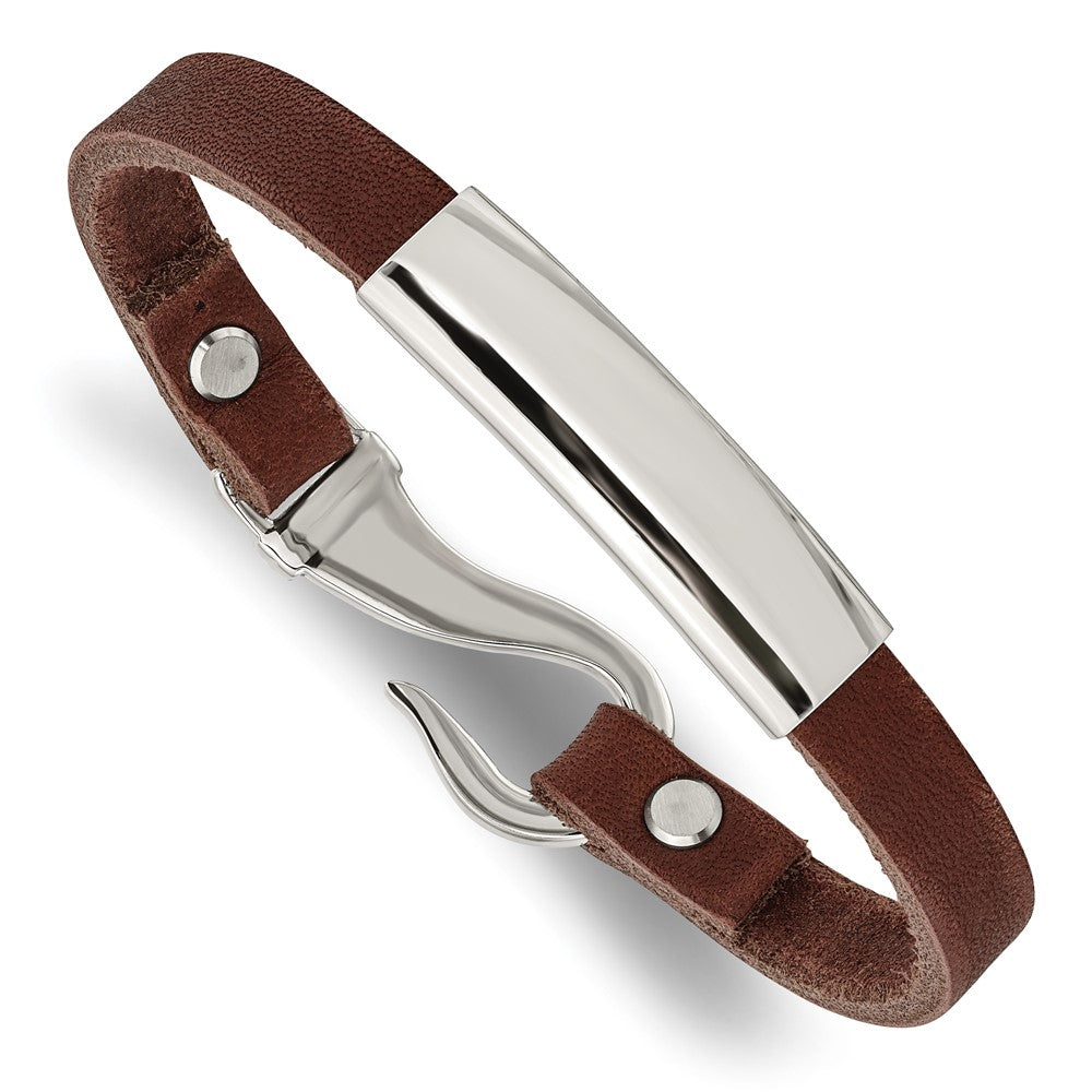 Chisel Stainless Steel Polished Brown Leather 8.5 inch ID Bracelet