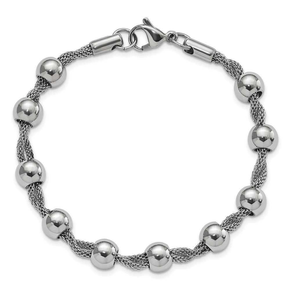 Stainless Steel Polished Beaded and Twisted Bracelet