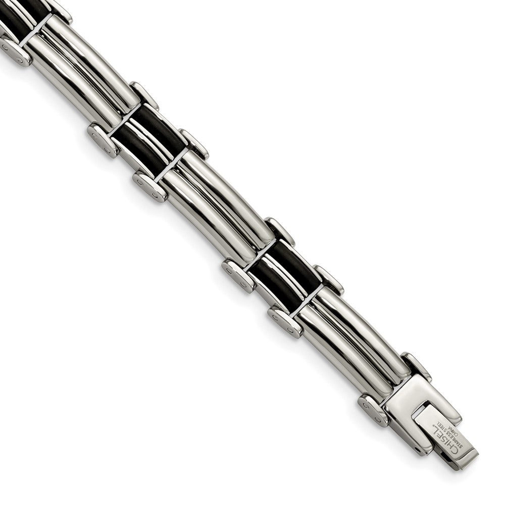 Chisel Stainless Steel Polished with Black Rubber Inlay 8 inch Bracelet