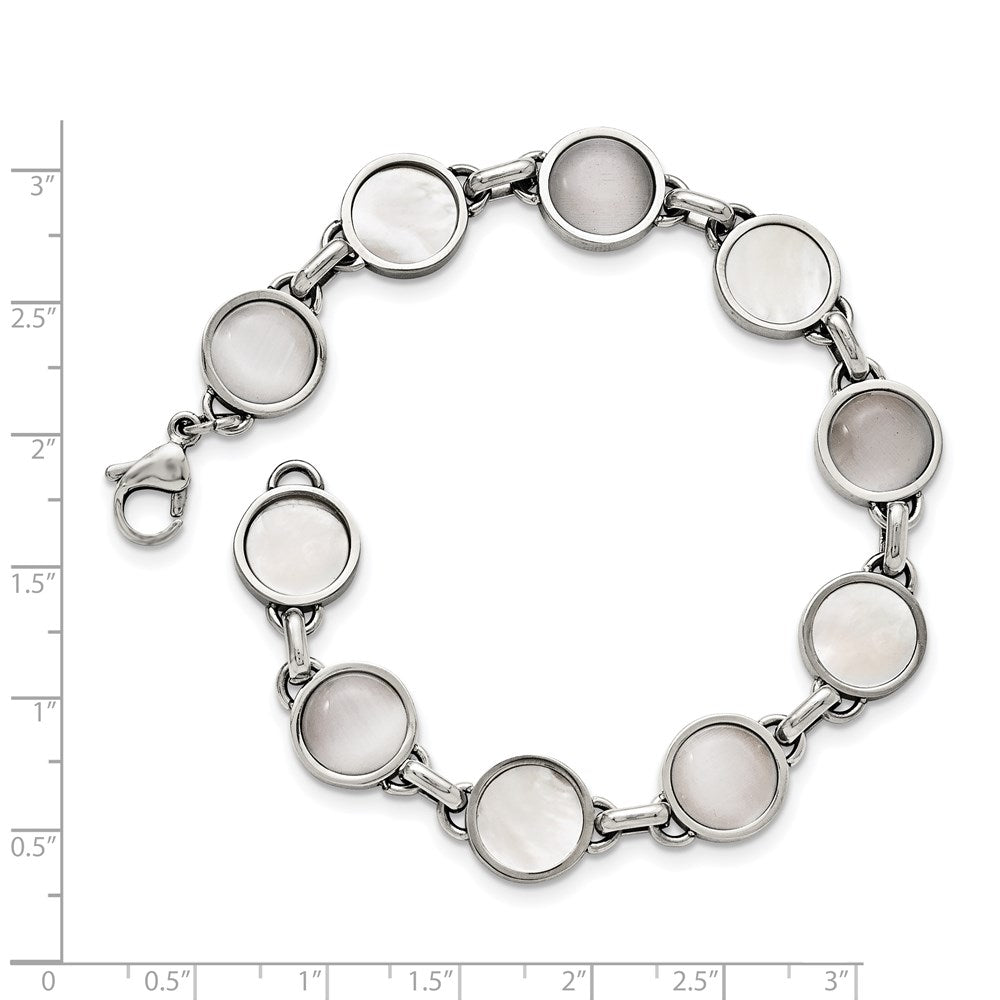 Stainless Steel Polished Cat's Eye and Mother of Pearl 7.75in Bracelet