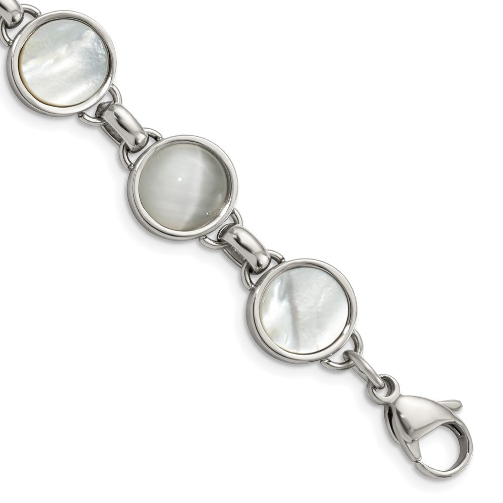 Stainless Steel Polished Cat's Eye and Mother of Pearl 7.75in Bracelet