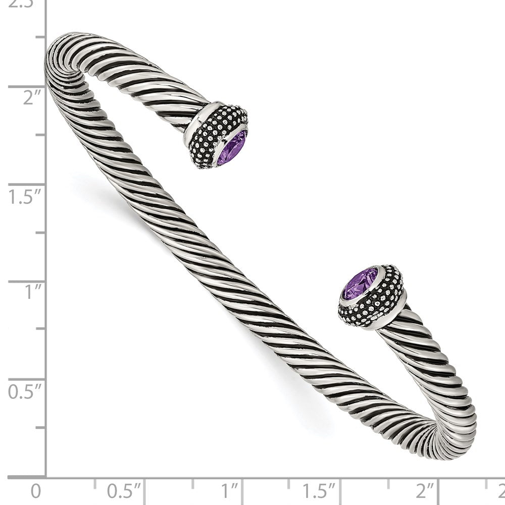 Chisel Stainless Steel Antiqued and Polished with Purple CZ Twisted Cuff Bangle