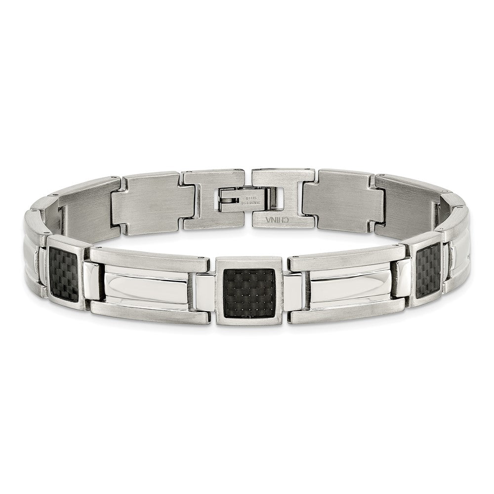 Chisel Stainless Steel Polished with Black Carbon Fiber Inlay 8.75 inch Link Bracelet