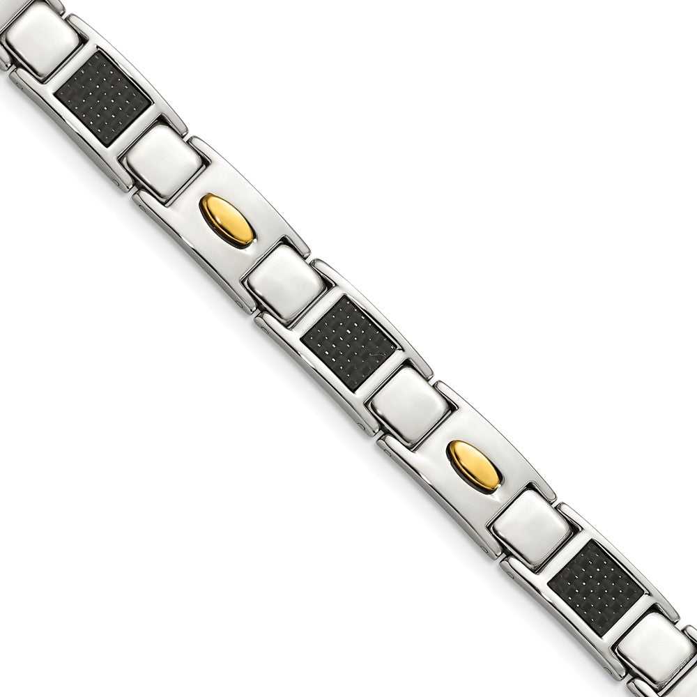 Chisel Stainless Steel Polished Yellow IP-plated with Black Carbon Fiber Inlay 8.5 inch Link Bracelet