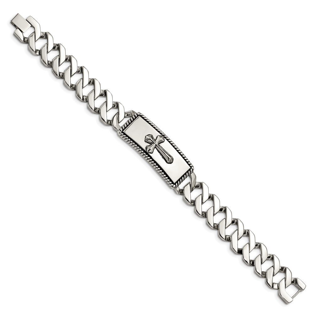 Chisel Stainless Steel Antiqued Polished and Textured 8.5 inch Cross ID Bracelet