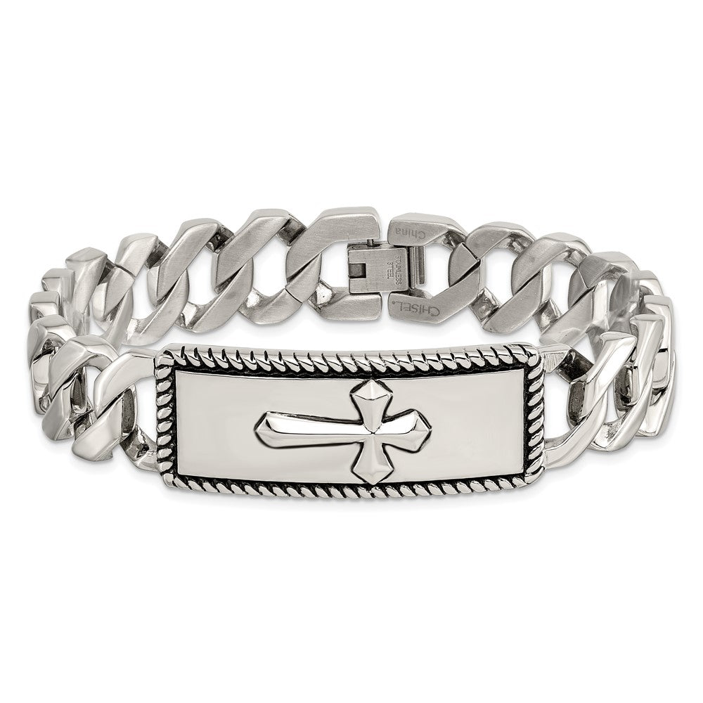 Chisel Stainless Steel Antiqued Polished and Textured 8.5 inch Cross ID Bracelet