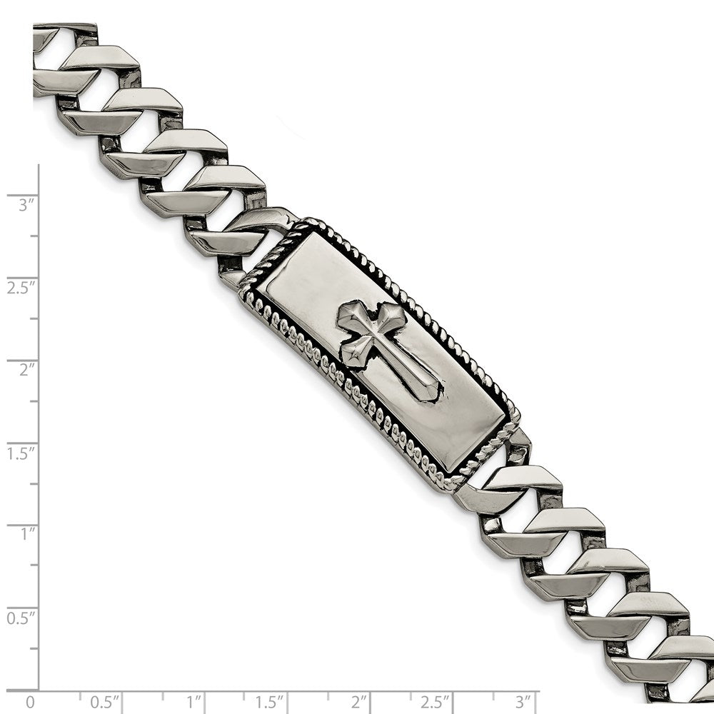 Chisel Stainless Steel Antiqued Polished and Textured 8.5 inch Cross ID Bracelet