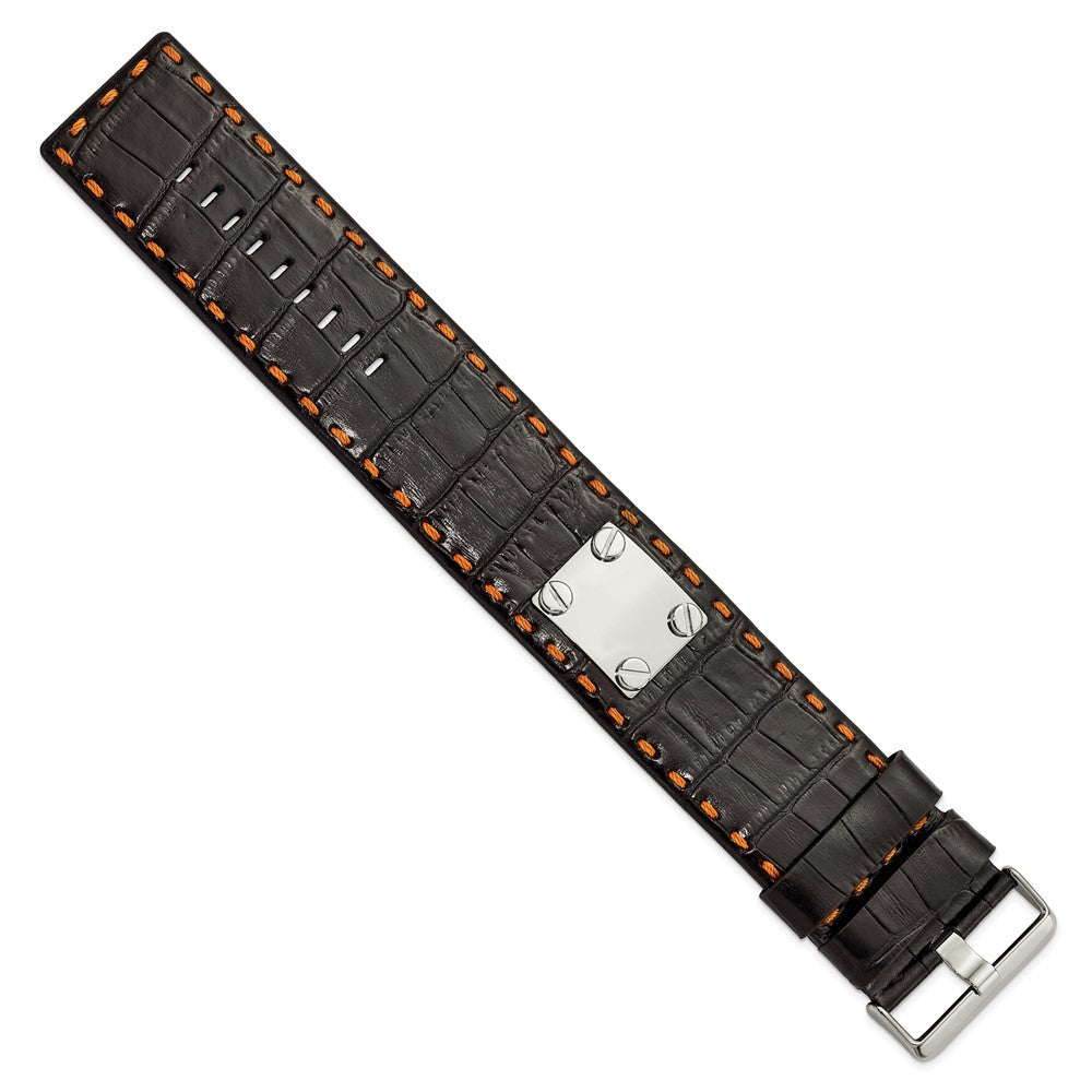 Stainless Steel Black Leather Orange Stitch Buckle ID Bracelet