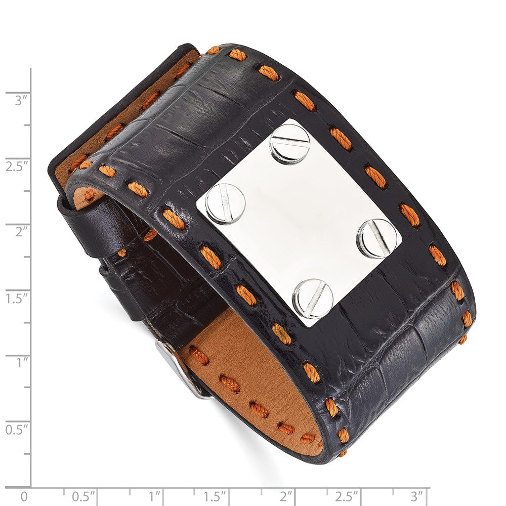 Stainless Steel Black Leather Orange Stitch Buckle ID Bracelet