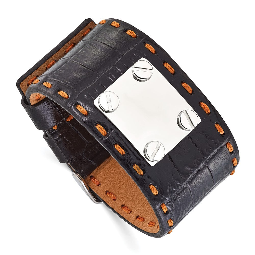 Stainless Steel Black Leather Orange Stitch Buckle ID Bracelet