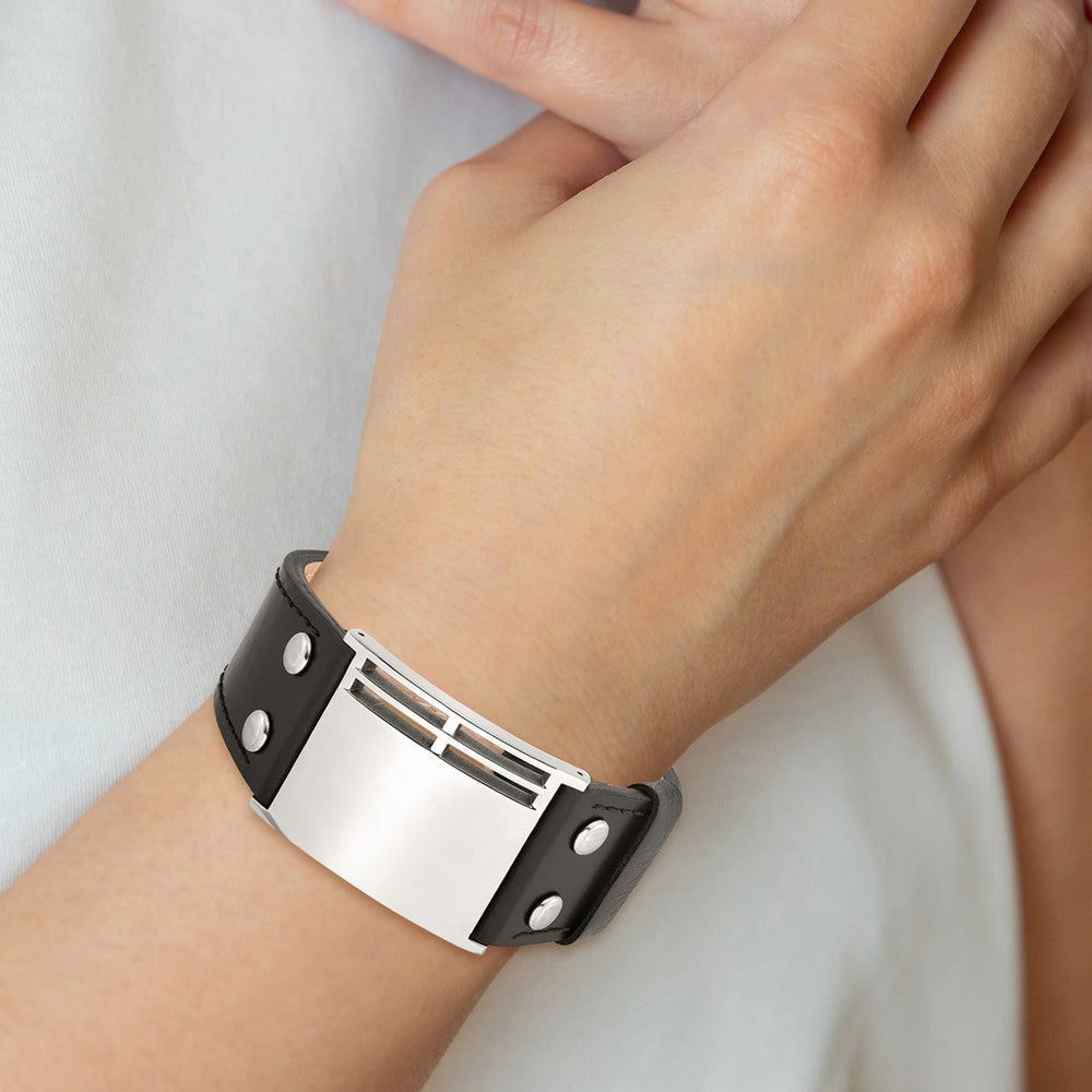 Stainless Steel Polished Black Leather Adjustable Buckle 9.25in Bracelet