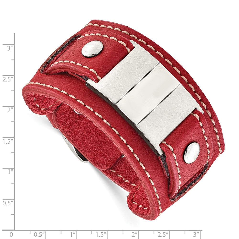 Stainless Steel Red Leather Polished/Brushed Buckle Bracelet