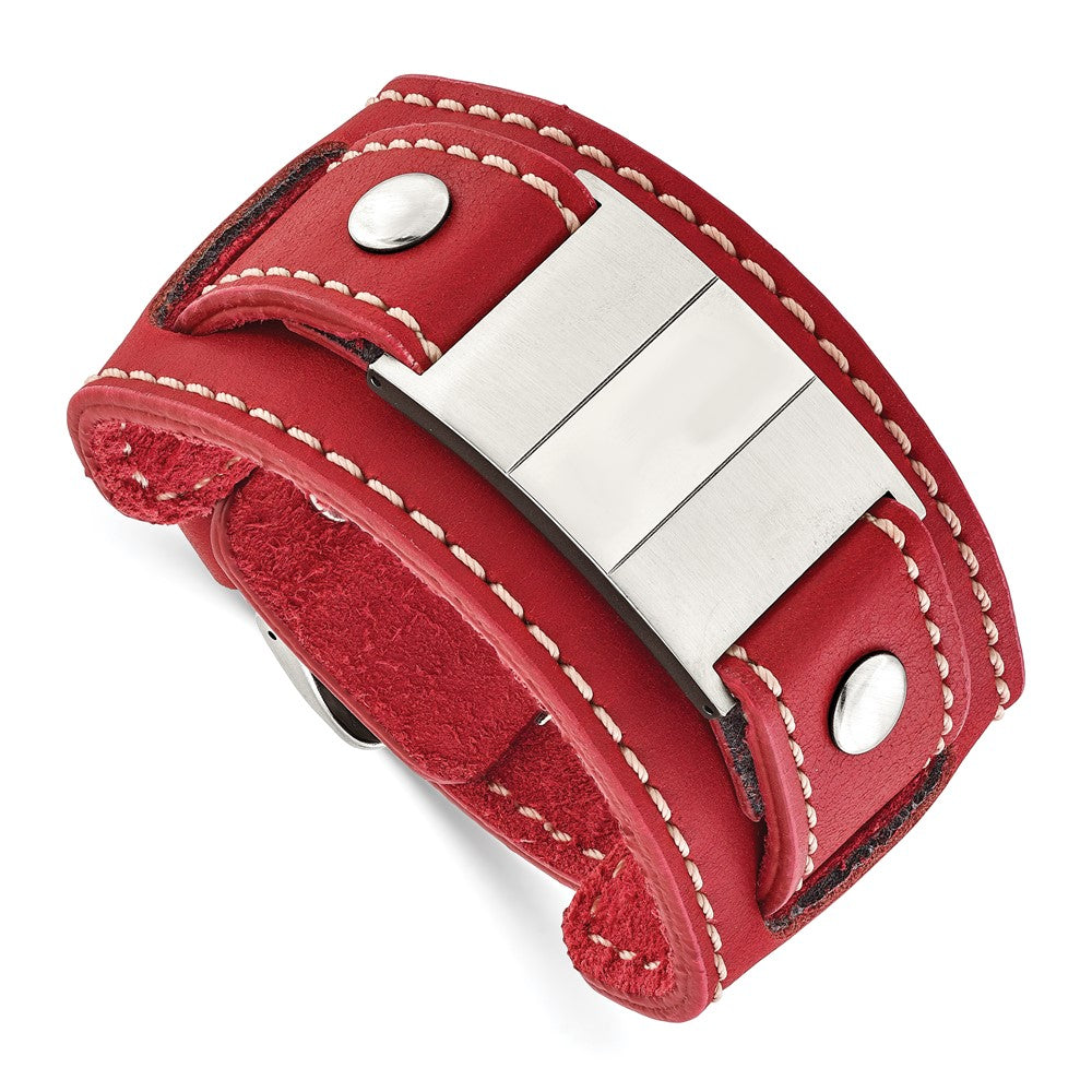 Stainless Steel Red Leather Polished/Brushed Buckle Bracelet