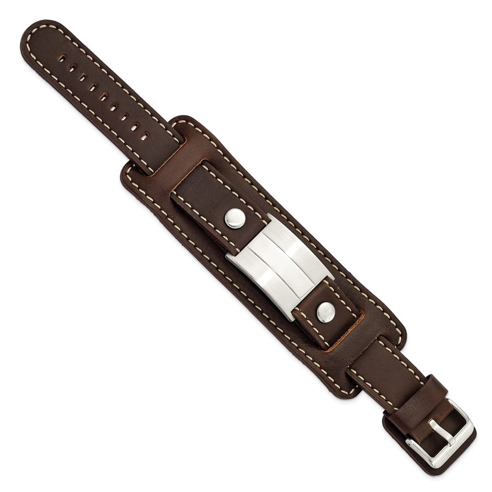 Stainless Steel Brown Leather Brushed/Polished Buckle Bracelet