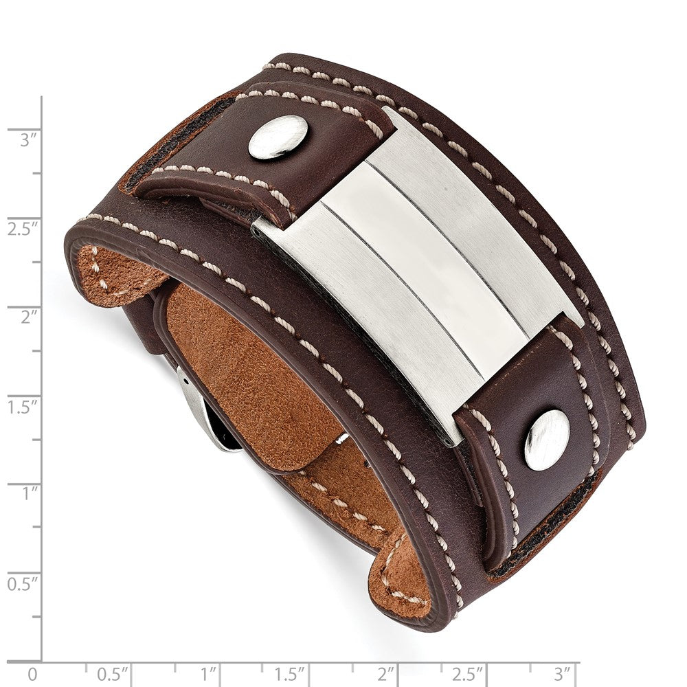 Stainless Steel Brown Leather Brushed/Polished Buckle Bracelet