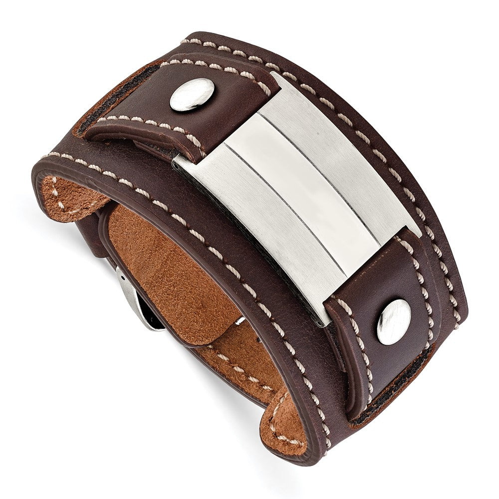 Stainless Steel Brown Leather Brushed/Polished Buckle Bracelet