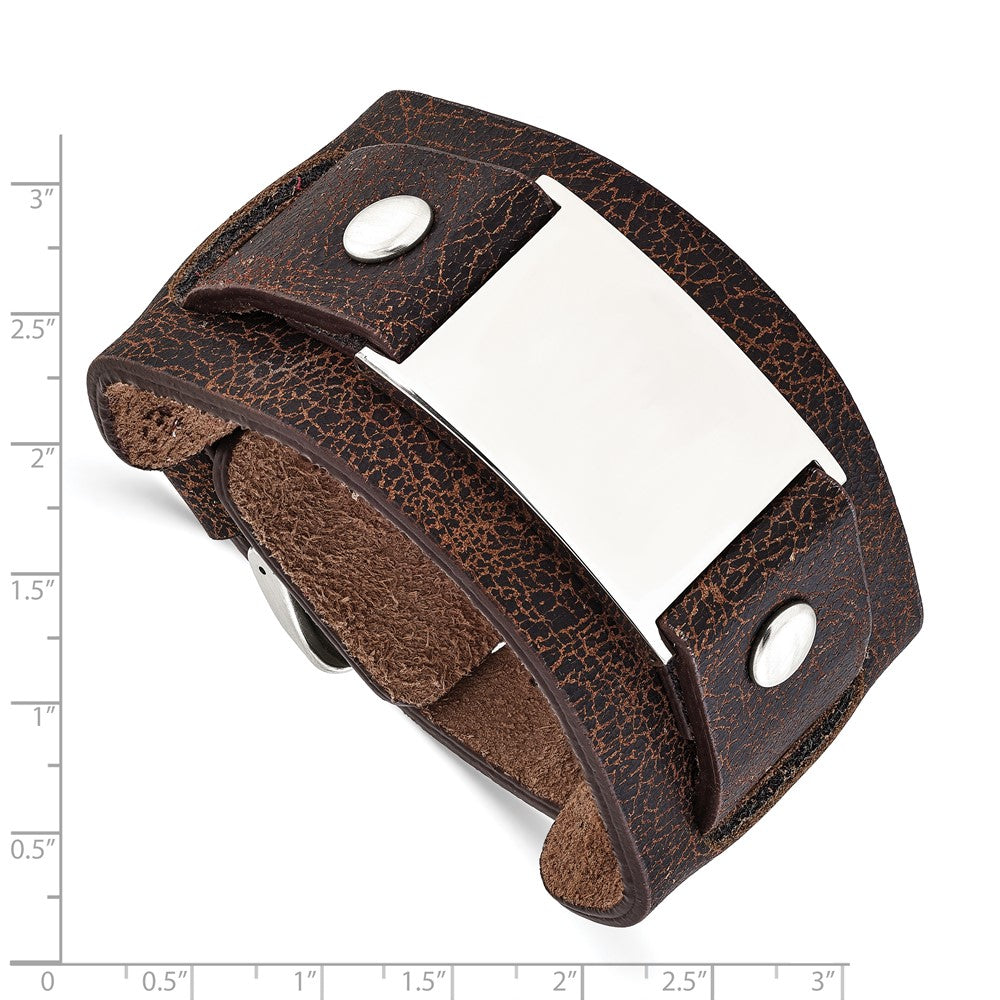 Stainless Steel Dark Brown Leather Polished Buckle Bracelet