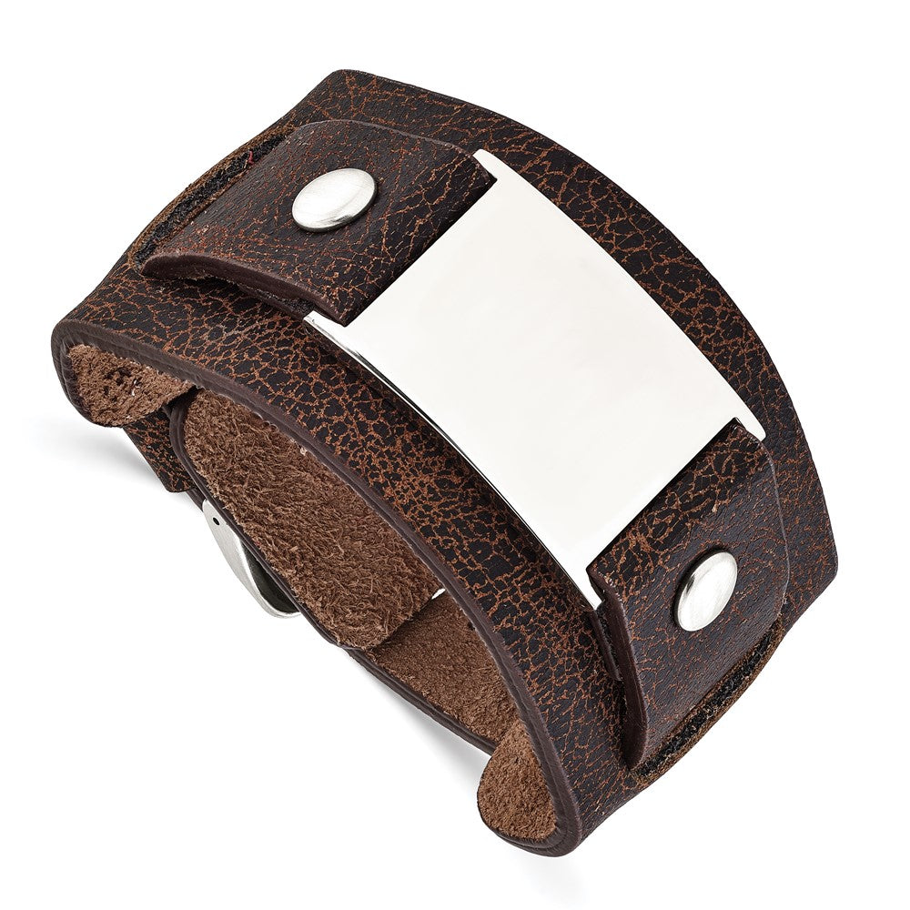 Stainless Steel Dark Brown Leather Polished Buckle Bracelet